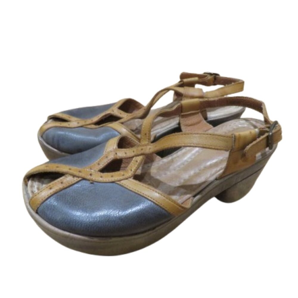 JAFA Peep Toe Wedge Clog Sandals in Gray Tan Antique Leather Boho Mary Jane